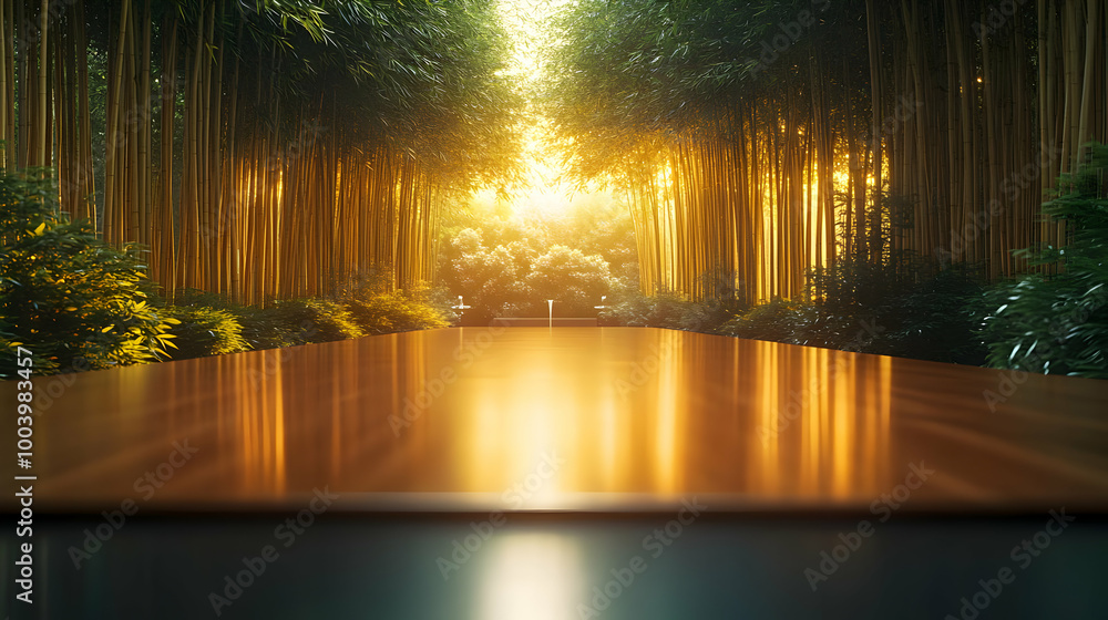 Poster serene bamboo forest with sunlight filtering through, creating an enchanting atmosphere.