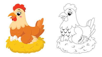 Cute farm chickens cartoon black and white outline, coloring page for children drawing education