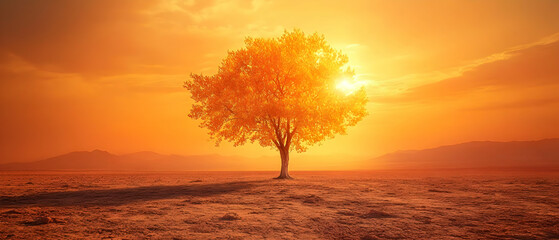 Obraz premium A solitary tree silhouette against a stunning sunset backdrop, highlighting vibrant orange and yellow hues in a serene landscape.