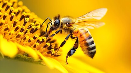 Closeup of a honey bee pollinating a bright yellow sunflower collecting nectar and pollen from the plant s vibrant floral bloom in a natural outdoor setting