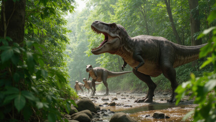 Tyrannosaurus rex roaring in the forest, while baby dinosaurs follow in the background