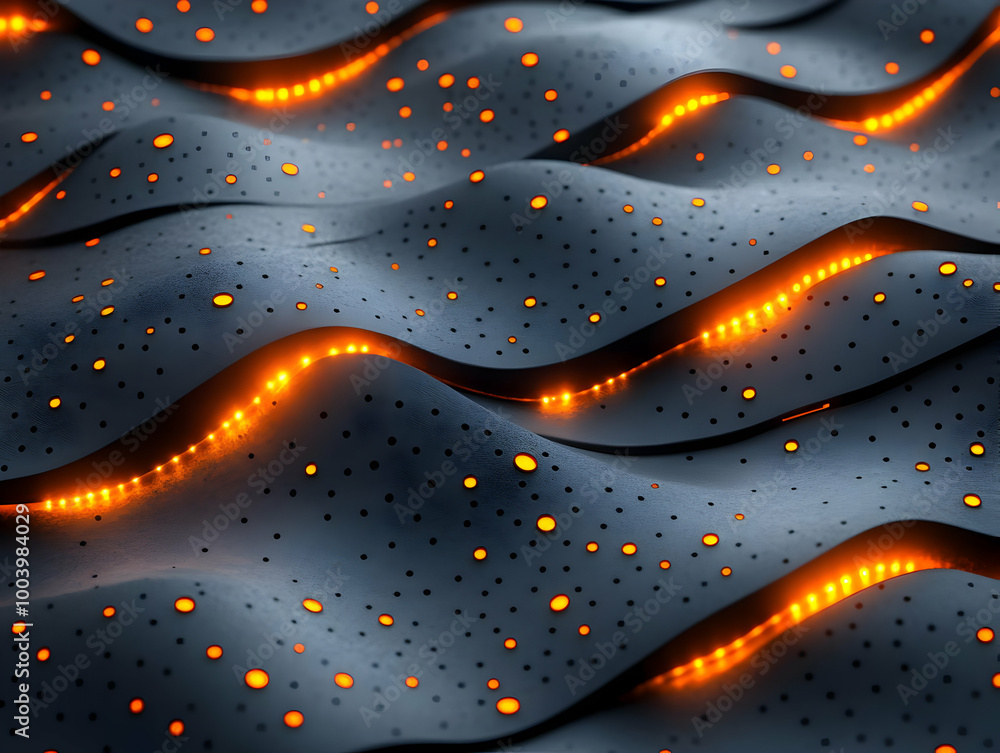 Poster abstract wavy surface with glowing orange lights and dark backdrop creates an intriguing visual effe