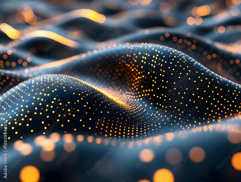 Poster abstract waves of glowing dots create a mesmerizing effect, perfect for backgrounds and digital art.