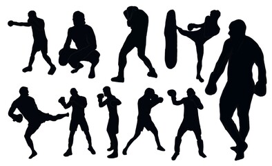 silhouette person. Boxing silhouettes. Boxing set silhouette illustration. Set of boxing Silhouette . Hand drawn black silhouettes. male.