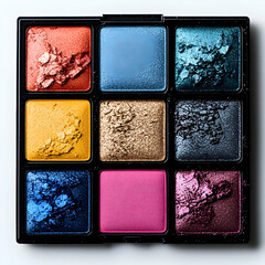 Fototapeta premium Colorful eyeshadow palette featuring vibrant hues and textures against a white isolated background.