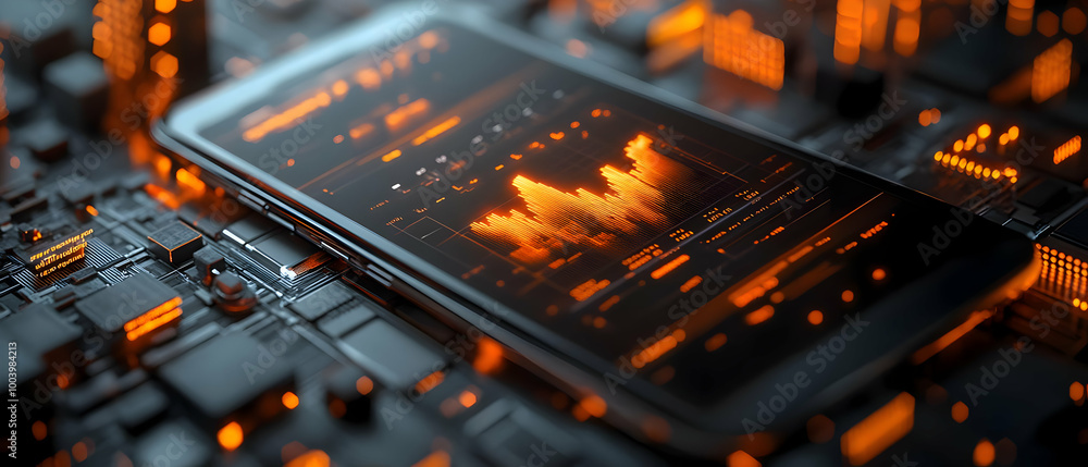 Poster smartphone displaying data analytics on a circuit board with glowing orange elements.