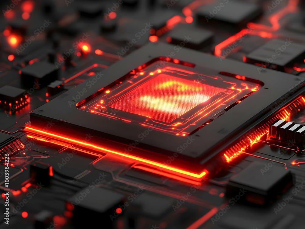 Poster close-up of a circuit board with illuminated components, showcasing intricate electronic designs and