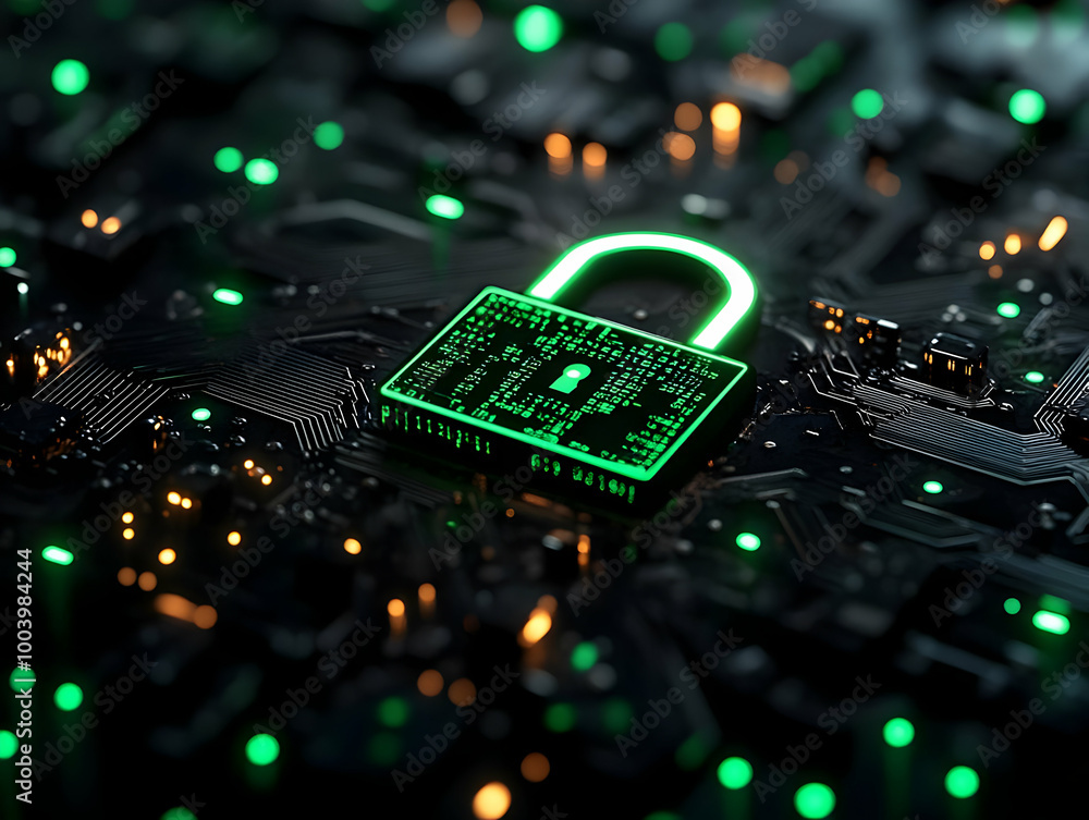 Poster close-up of a glowing green digital padlock on a circuit board, symbolizing cybersecurity and data p