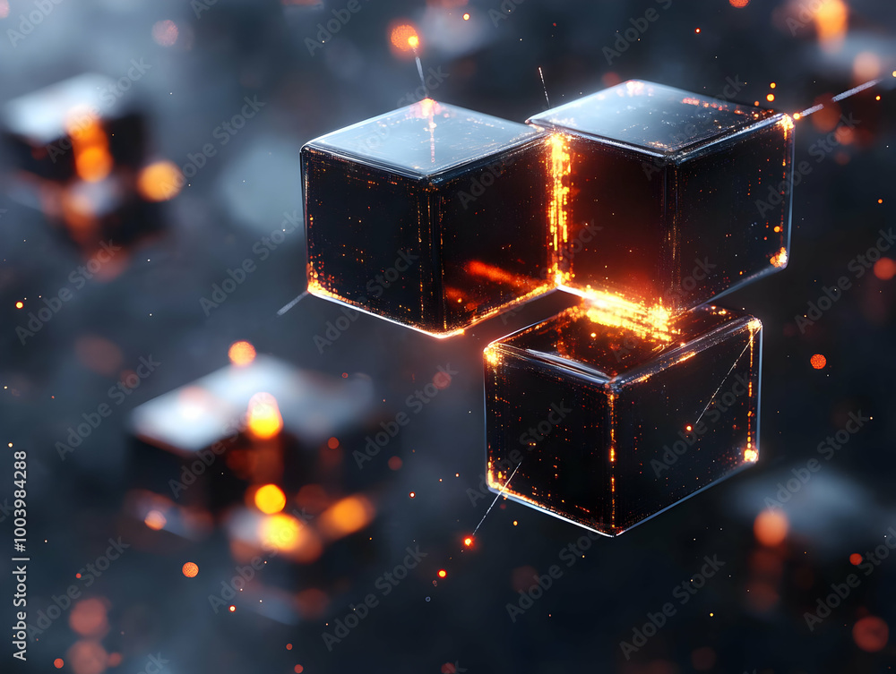 Poster abstract digital blocks with glowing edges on a dark background, representing technology and innovat
