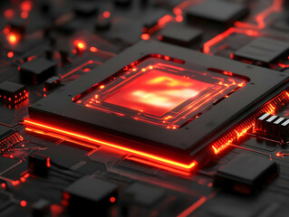 Close-up of a circuit board with illuminated components, showcasing intricate electronic designs and glowing red lights.