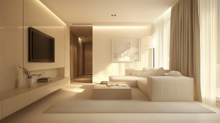Elegant modern living room with soft lighting and minimalist design, showcasing a serene atmosphere in a contemporary home