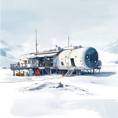 Futuristic Research Station in a Snowy Landscape.