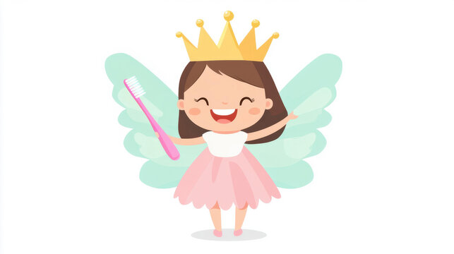 Charming cartoon tooth fairy princess with toothbrush flying in dental clinic promoting kids dental care