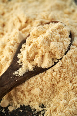 Whey protein powder on a wooden spoon, close up