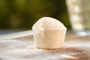 Collagen powder in a plastic measuring scoop on a table