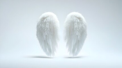 Obraz premium Delicate and fluffy white angel wings set at an angle against a pure white backdrop creating soft dramatic shadows and highlighting the ethereal heavenly nature of the feathers
