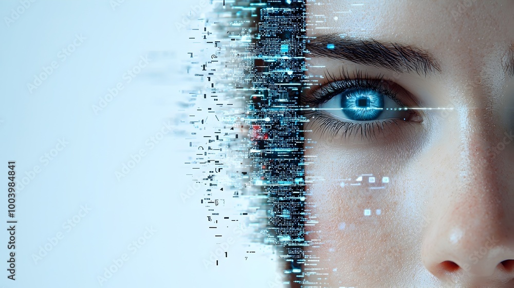 Poster digitally divided face a striking contrast between a pixelated fragmented side and a side symbolizin