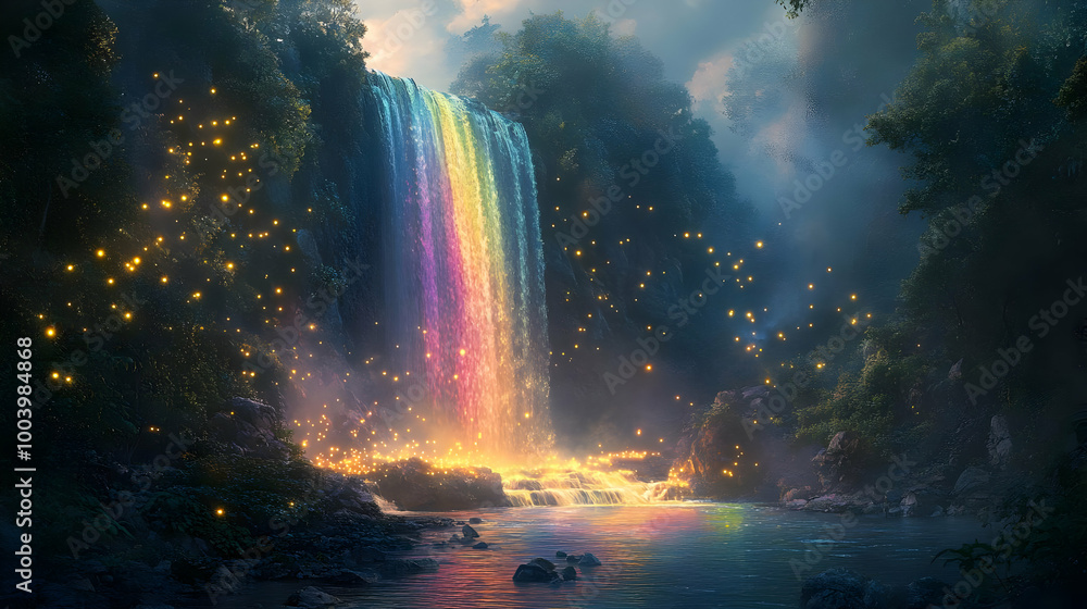 Poster a vibrant waterfall cascading into a serene pool, illuminated by sparkling lights and surrounded by 