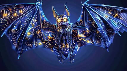 Cybernetic bat with neon circuitry and futuristic design flies against dark background