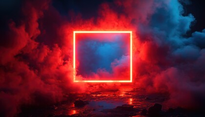 Futuristic Neon Square with Colorful Illuminated Smoke