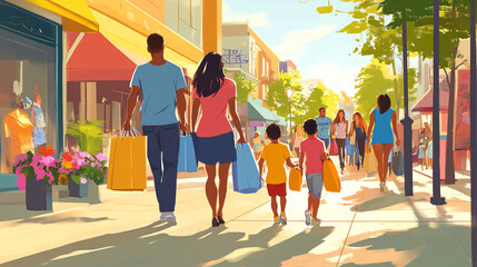 Family Shopping Together on a Busy Urban Sidewalk