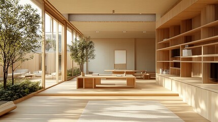 Minimalist Wooden Interior with Patio View
