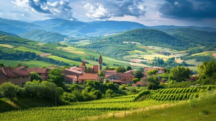 Fototapeta premium Countryside Village: A European village surrounded by rolling countryside hills