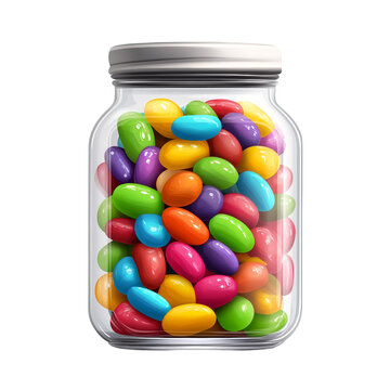 Colorful jellybeans in a small glass jar, candy element, bright and bold colors, isolated on white background. 