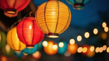 Obraz premium Colorful Illuminated Lanterns Hanging Outdoors in a Festive Night Scene