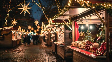 Fototapeta premium Christmas Market: A festive European Christmas market with lights and decorations