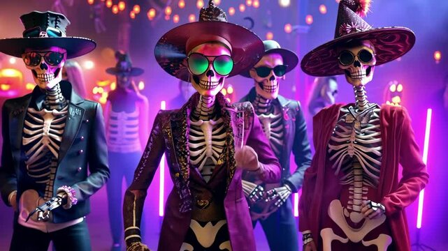 Vibrant skeletons in colorful costumes celebrating day of the dead festival