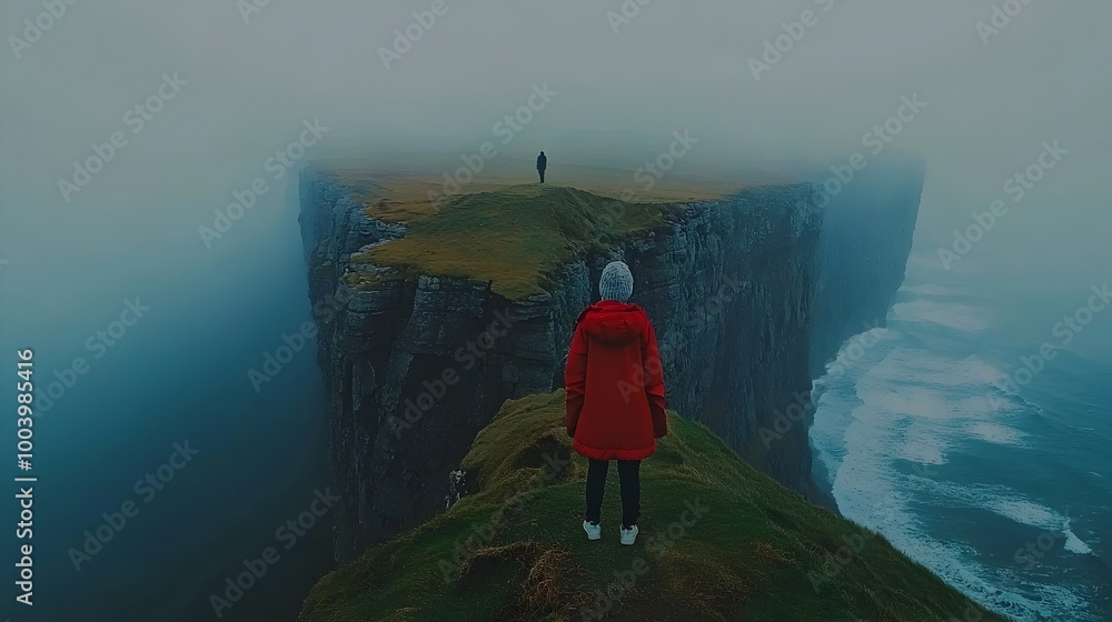 Poster Dramatic coastal landscape featuring towering cliffs and crashing waves in a moody atmospheric environment  Rugged weathered rock formations rise up from the turbulent ocean creating a powerful
