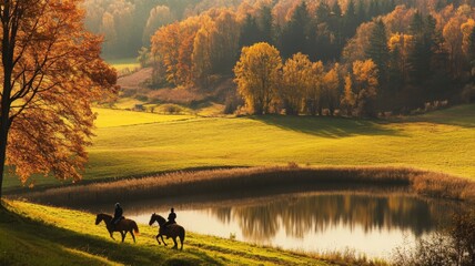 Two Horseback Riders in a Golden Autumn Landscape