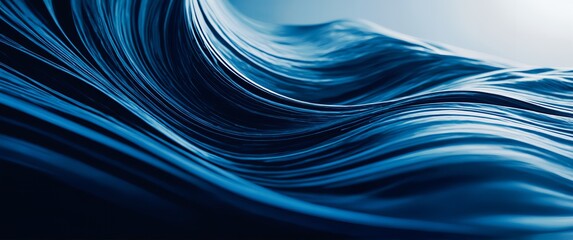 Abstract background with smooth, flowing curves similar to soft fabric or fluid waves. Gradient from navy blue and deep dark ocean blue.