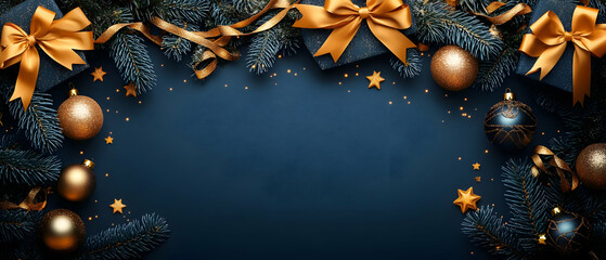 Decorative Christmas border with golden ornaments, ribbons, and evergreen branches on a dark background, perfect for festive designs.