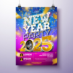 Happy New Year 2025 Party Celebration Poster Template Illustration with Golden 3d Typography Lettering and Speaker on Falling Confetti Background. Vector New Year Eve Holiday Flyer Design. Premium