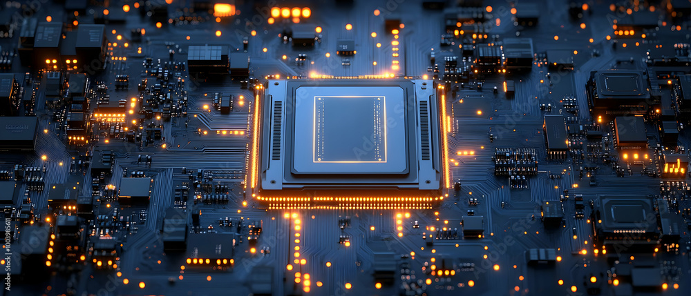 Poster aerial view of a modern microprocessor surrounded by intricate circuit board designs.