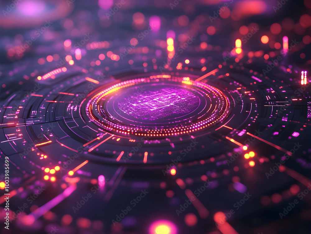 Canvas Prints abstract digital technology background with glowing vibrant shapes and circuits in purple and orange