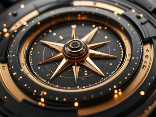 Naklejka premium Close-up of a modern compass design featuring gold and black elements against a dark background.