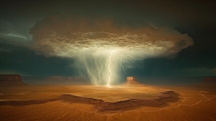 Dramatic thunderstorm brewing over a vast arid desert landscape with powerful lightning bolts streaking across the moody stormy sky above the rugged solitary terrain