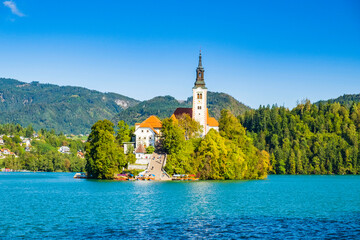 Bled lake in Slovenia in autumn, amazing landscape