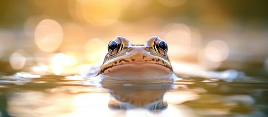 A close-up shot of a frog's head with large eyes, peeking out of the water with a soft, blurred background.