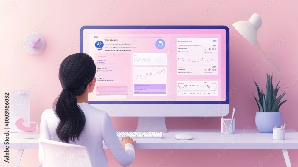 Poster A person works intently at a sleek computer setup in a bright pink office. They analyze data displayed on the screen, surrounded by minimalistic decor and plants, creating a calm work environment.