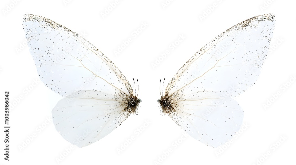 Poster Enchanting pair of semi translucent fairy wings with glittering edges set against a pure white backdrop creating a dreamlike ethereal and captivating visual