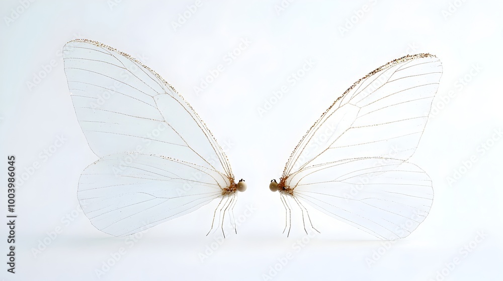 Poster Enchanting semi translucent fairy wings with delicate glittering edges set against a pristine white backdrop creating an ethereal and captivating visual