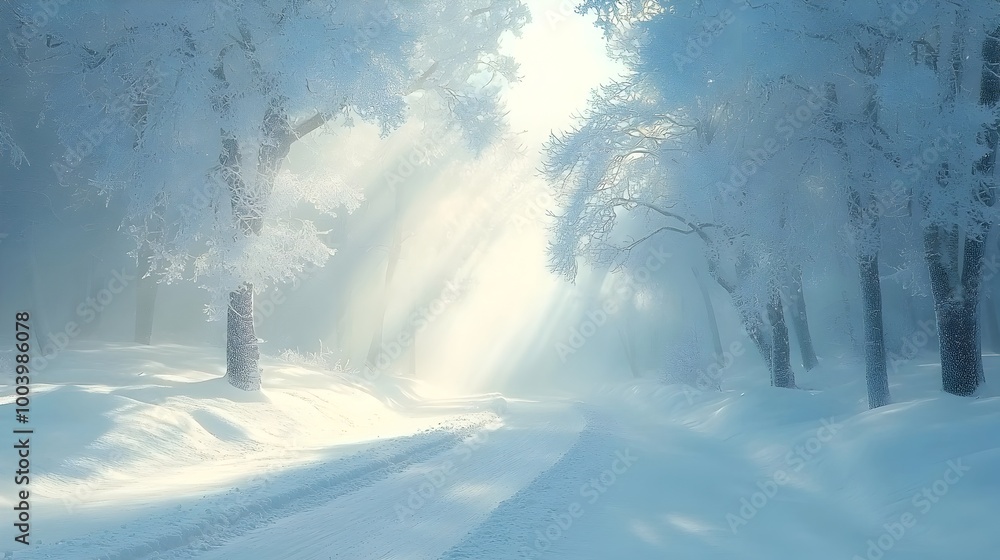 Poster enchanting snowy forest trail with sunlight filtering through the lush green trees creating a serene