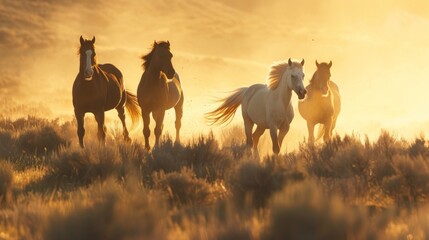 Fototapeta premium A scenic sunset view of four to five horses galloping on a grassy plain with white and brown coats, showcasing motion and freedom under the warm glow of the setting sun.