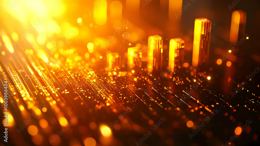 Poster abstract golden light rays illuminating a digital landscape with shimmering particles.