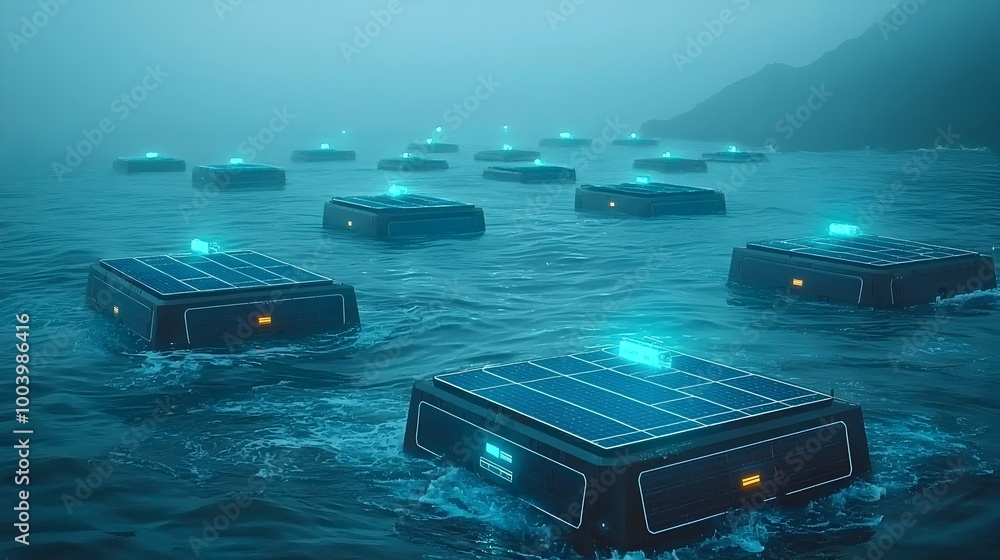Poster floating solar panels gently bobbing on the ocean s surface harnessing the sun s energy and the powe