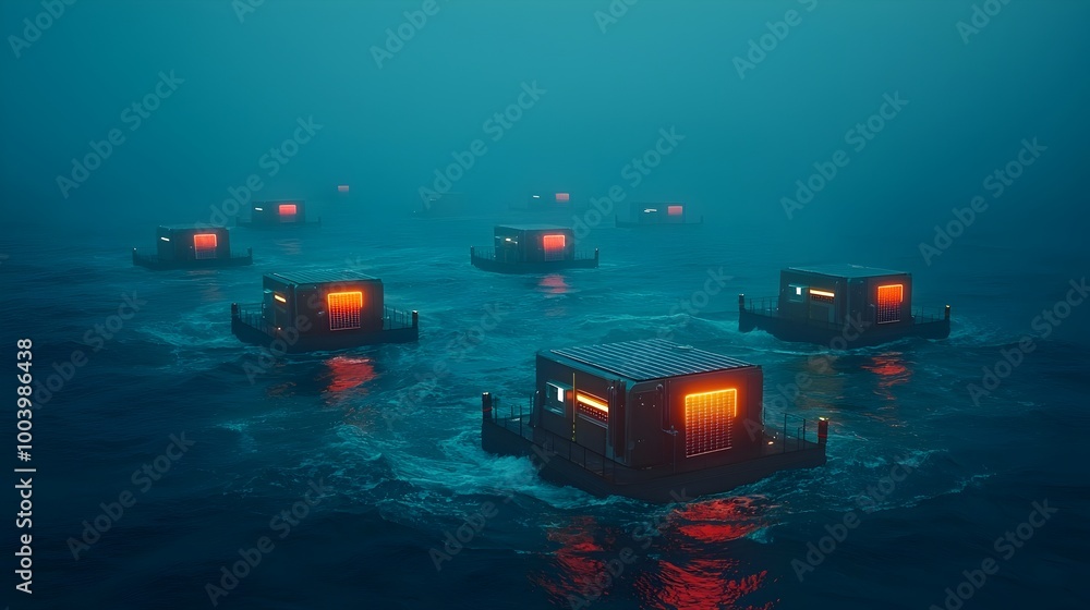 Poster Floating solar panels gently resting on the calm azure ocean harnessing the power of the sun and waves to generate clean renewable electricity as part of a sustainable energy solution